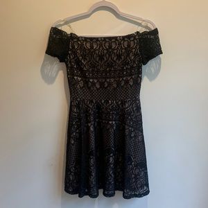 Black lace dress with nude lining built in off the shoulder, size small